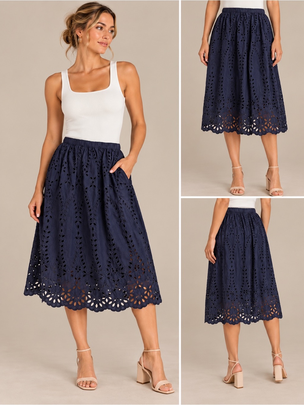 Frank & Eileen Gracie Navy Eyelet Midi Skirt Scalloped Hem Cotton NWT